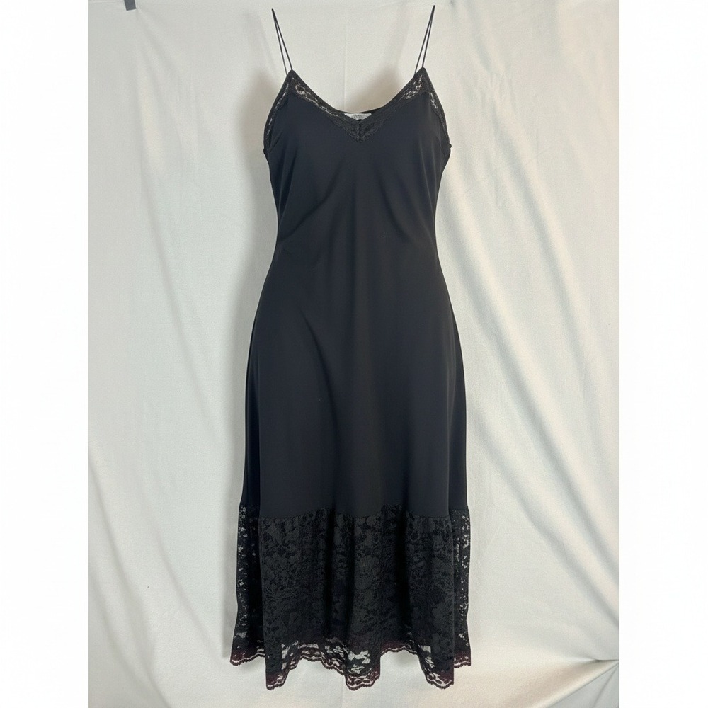 NEO Womens M Black Slip Dress‎ Floral Lace Hem Spaghetti Strap Whimsigoth Y2K